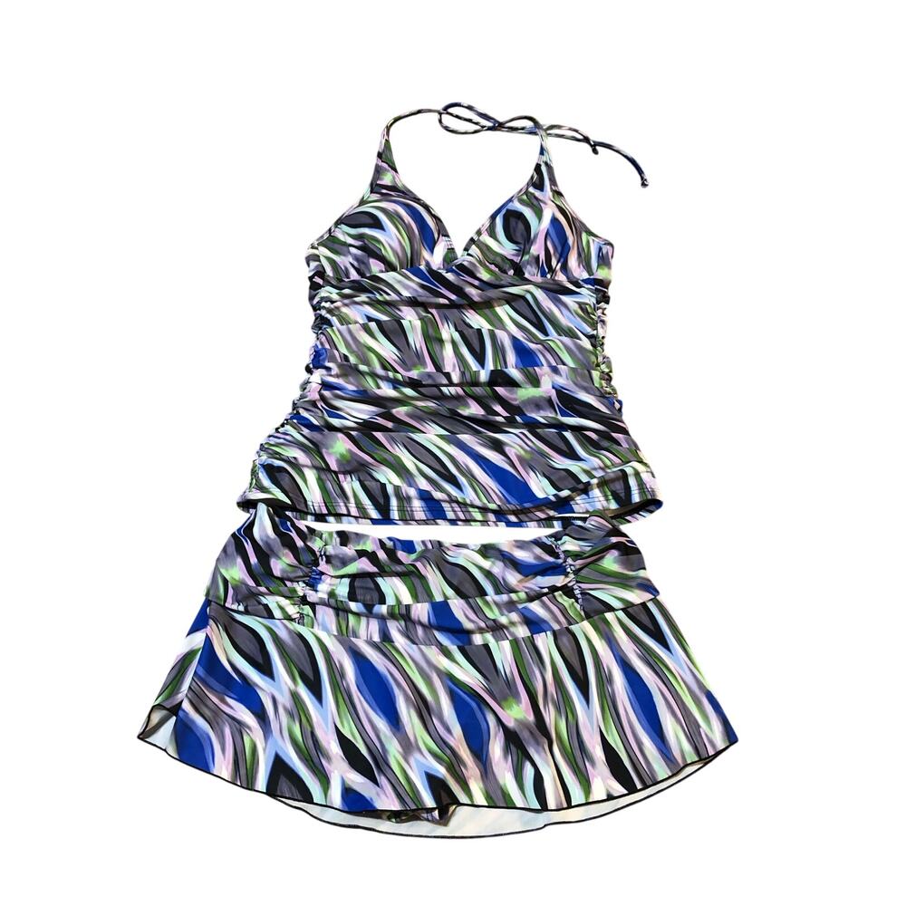 Kenneth Cole Ladies Tankini 2 Piece Swimsuit 34 B/C Medium Multicolor white blue